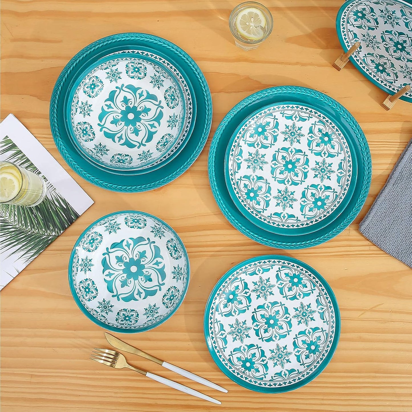 Melamine Dinnerware Set 12-Piece (Service for 4) – Dishwasher Safe, Unbreakable Lightweight Plates & Bowls for Indoor/Outdoor Use – Patio, Kids, Camping
