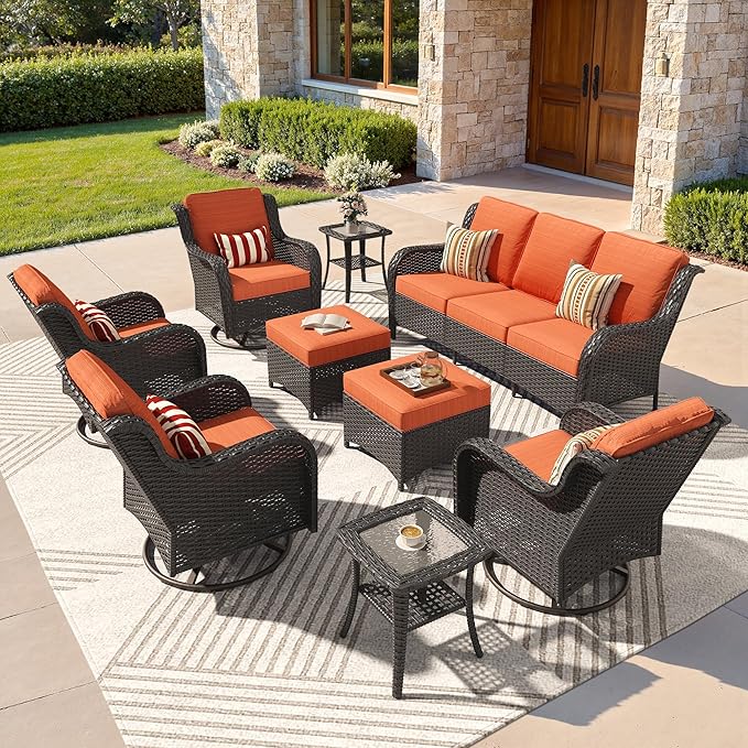 ovios 9 Pieces Patio Furniture Set, Outdoor Wicker Sofa Couch with Swivel Chairs Ottomans Comfy Cushions, High Back Modern All Weather Conversation Sets, Brown Rattan, Orange Red