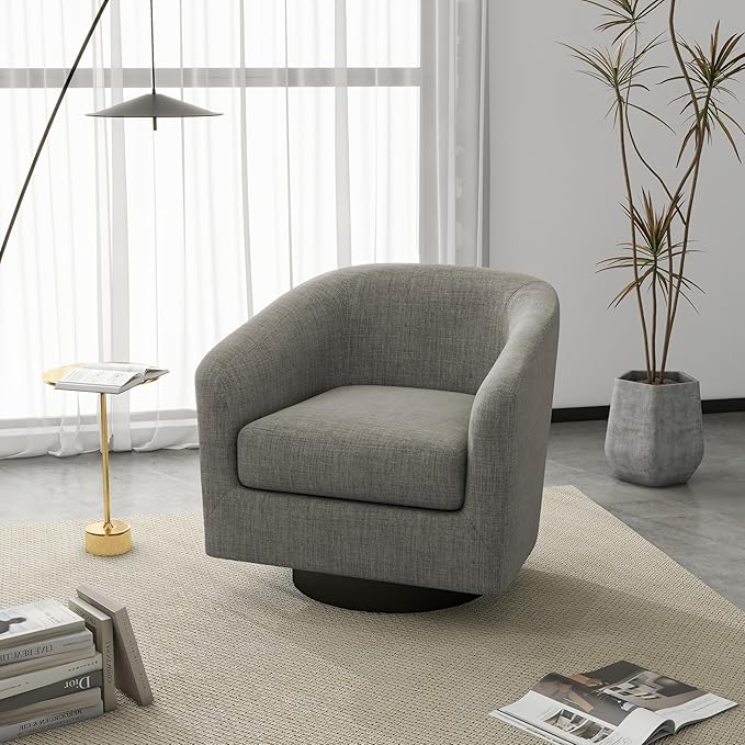 UIXE 360° Swivel Barrel Accent Chair Upholstered Armchair, Modern Round Club Arm Chair Living Room Single Sofa Seating Bedroom Side Reading Seat in Fabric, Flax Khaki