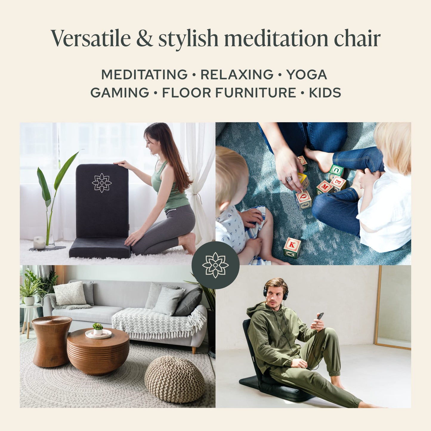 Mindful Modern Folding Pro Meditation Chair - Adjustable Meditation Seat with Back Support and Half Moon Buckwheat Meditation Cushion - Comfortable Mindfulness Living Room Floor Chair