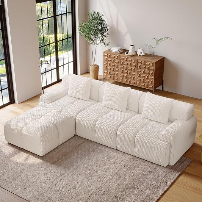 104" Modern L Shaped Modular Sectional Sofa, 4 Seater Convertible Chenille Cloud Couch Sofa Set, Boneless Couches for Living Room with Ottoman, No Assembly Required, White