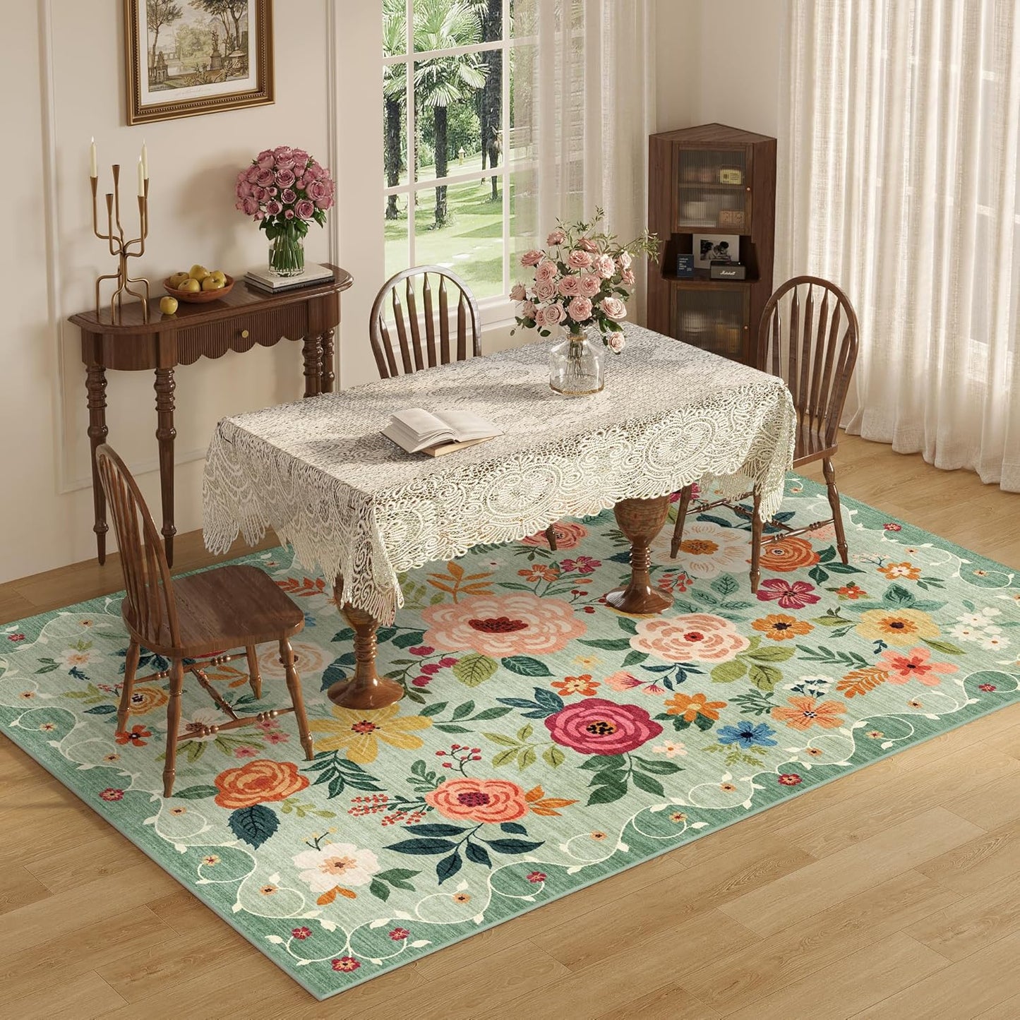 DUKINO 6x9 Area Rug, Floral Rugs for Living Room, Lightweight Non Slip Washable Rug, Indoor Low Pile & Non-Shedding Boho Design Rugs for Bedroom, Living Room, Dining Room, Green