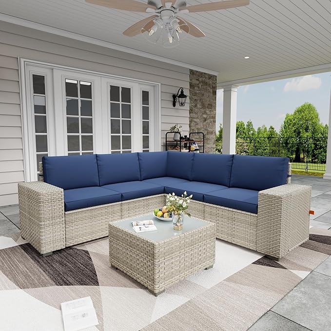 Broivira 6 Piece Patio Furniture Set, 9.8" Wide Arm Sectional Sofa with Storage Armrests, All-Weather Rattan Outdoor Conversation Set for Garden, Porch, Lawn, Backyard, Balcony, Blue