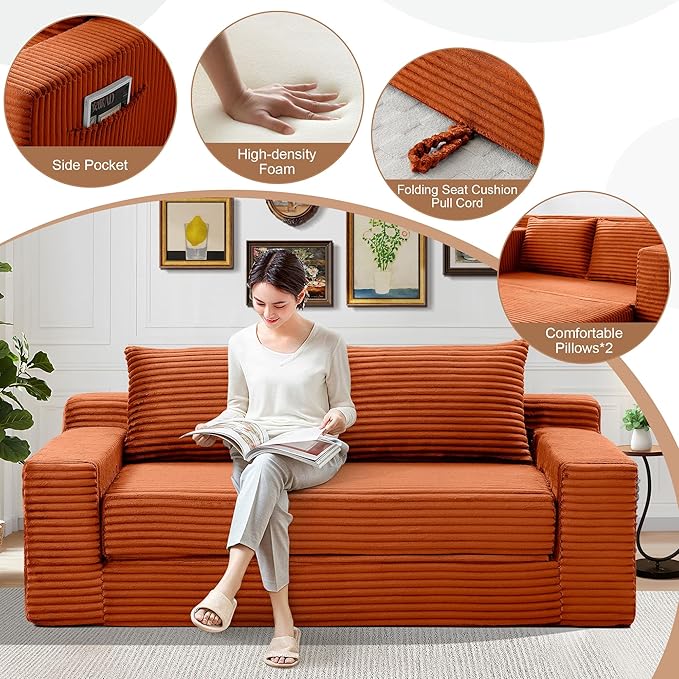 73" Convertible Sofa Bed, 2 in 1 Folding Couch Bed, Boneless Couch in a Box, Cloud Loveseat Sleeper, Fold Out Comfy Floor Futon Sofa with 2 Pillows for Living Room Bedroom, No Assembly (Orange, 73")