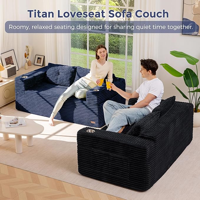 MAXYOYO 63" Boneless Loveseat Sofa Couch for Small Spaces, Mini Love Seat Floor Couch with Cup Holders and Pillows, 2-Seater Upholstered Cloud Couch for Bedroom Apartment, No Assembly Required