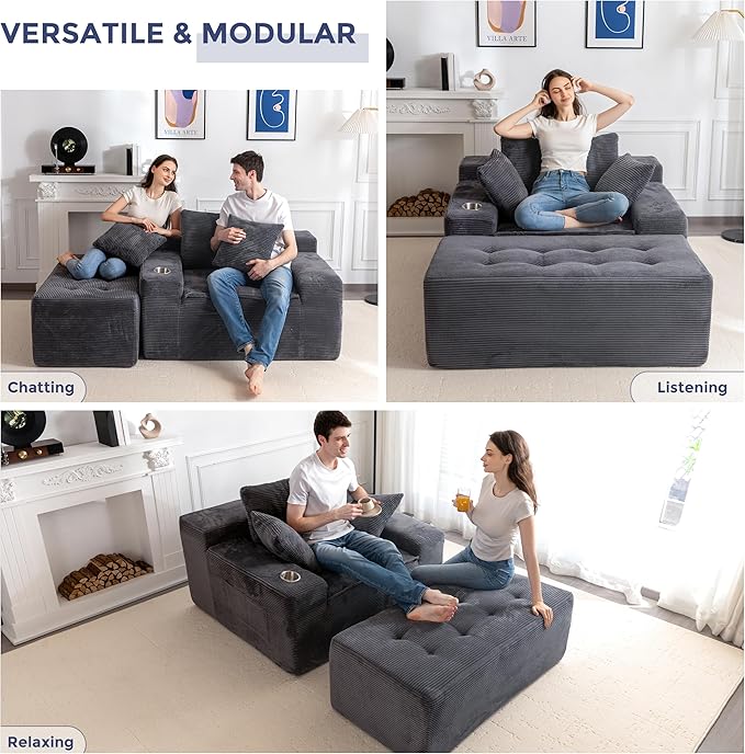 MAXYOYO Modular Sectional Chaise Lounge Sofa, Upholstered Lounge Chair with Pillows Indoor, Tufted Boneless Sofa Couch with Ottoman, Deep Seat Sleeper Chair for Living Room, No Assembly, Grey