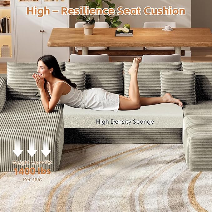 Fancyfire 134.6" Cloud Modular Sectional Couch with Chaise and Pillows,Ultimate Comfort U-Shaped Deep Seat Sofa,Boneless Couch Upholstered 3-Seater Sofas for Living Room, No Assembly Required(Khaki)