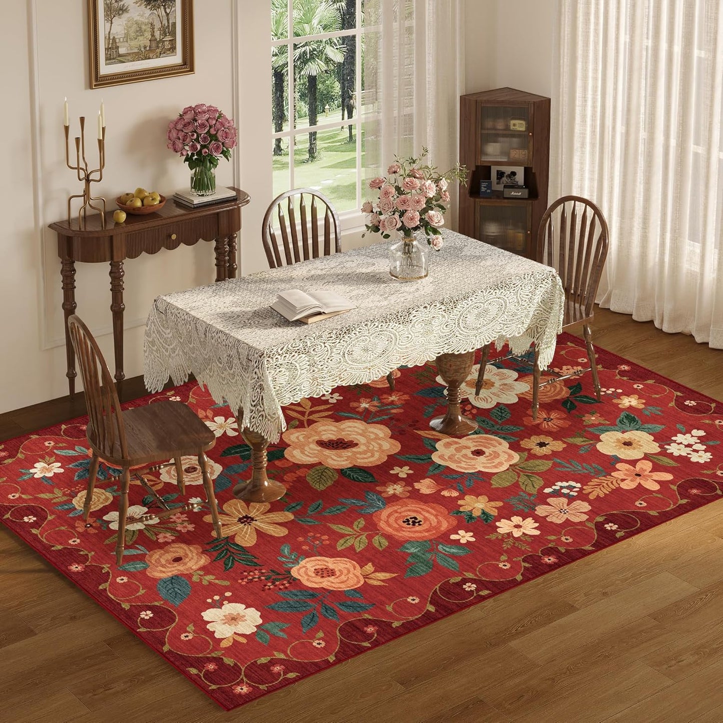 DUKINO 6x9 Area Rug, Floral Rugs for Living Room, Lightweight Non Slip Washable Rug, Indoor Low Pile & Non-Shedding Boho Design Rugs for Bedroom, Living Room, Dining Room, Red