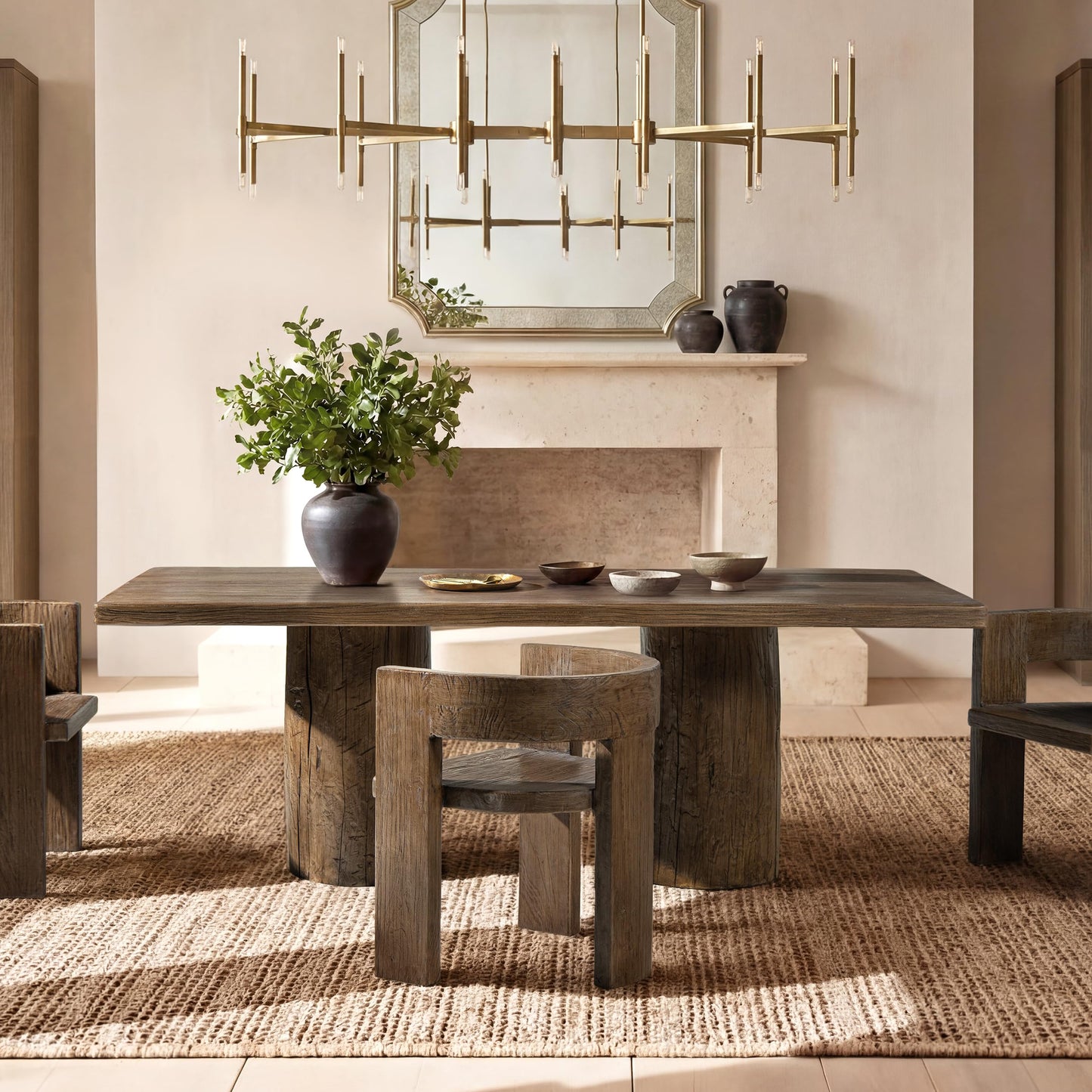 Jennifer Taylor Home Arbor 84" Solid Reclaimed Elm Double Pedestal 8-Person Dining Table, Heritage Medium-Dark Brown Reclaimed Elm