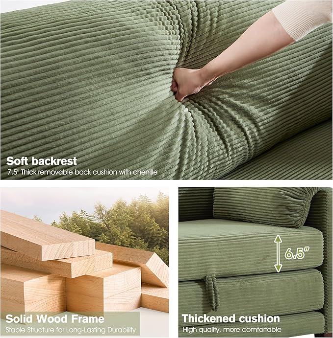 kakuboohi 51" Loveseat Sleeper Sofa Bed, Corduroy Convertible Floor Sofa Bed for Small Spaces, Folding Couch Bed with Deep Seat, 2 Pillows & Solid Frame, Pull Out Floor Couch for Living Room, Green