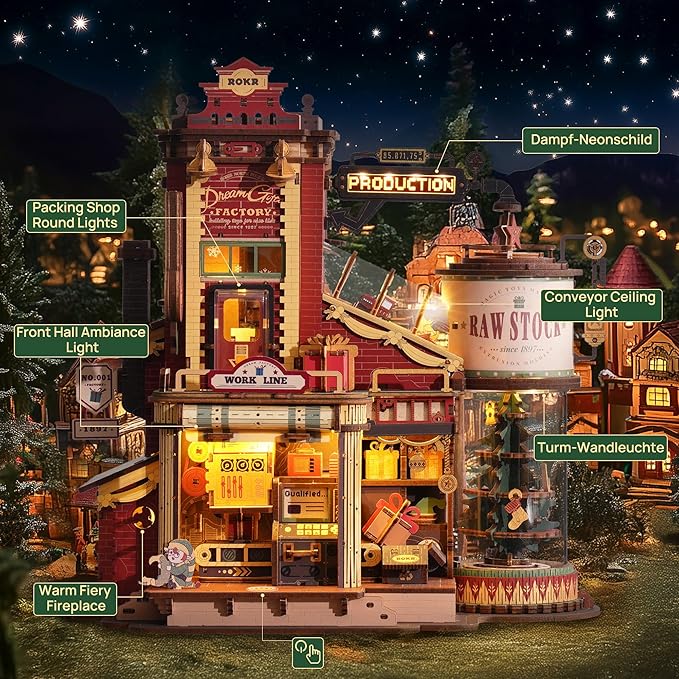 ROKR 3D Puzzle for Adults Christmas Dream Gift Factory Wooden Model Kit Luminous Factory DIY Dollhouse Kit Building with Music, Lights and 5 Elves for Adults