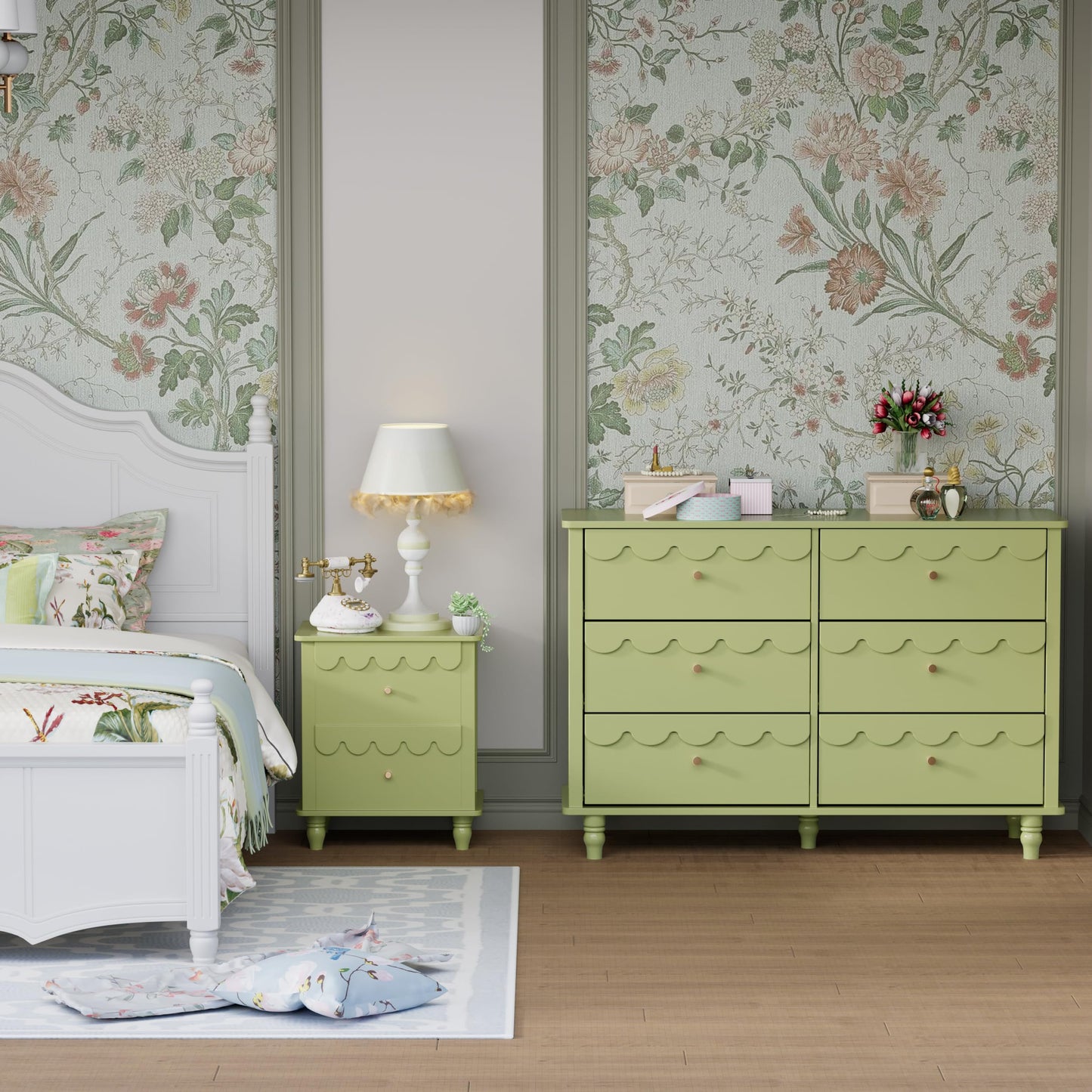 Anbuy Green 6 Drawer Dresser for Bedroom, Modern Wide Chest of Drawers, Scalloped Organizer Storage with Drawers, Fluted Petal Pattern Large Storage Cabinet for Bedroom, Living Room, Porch