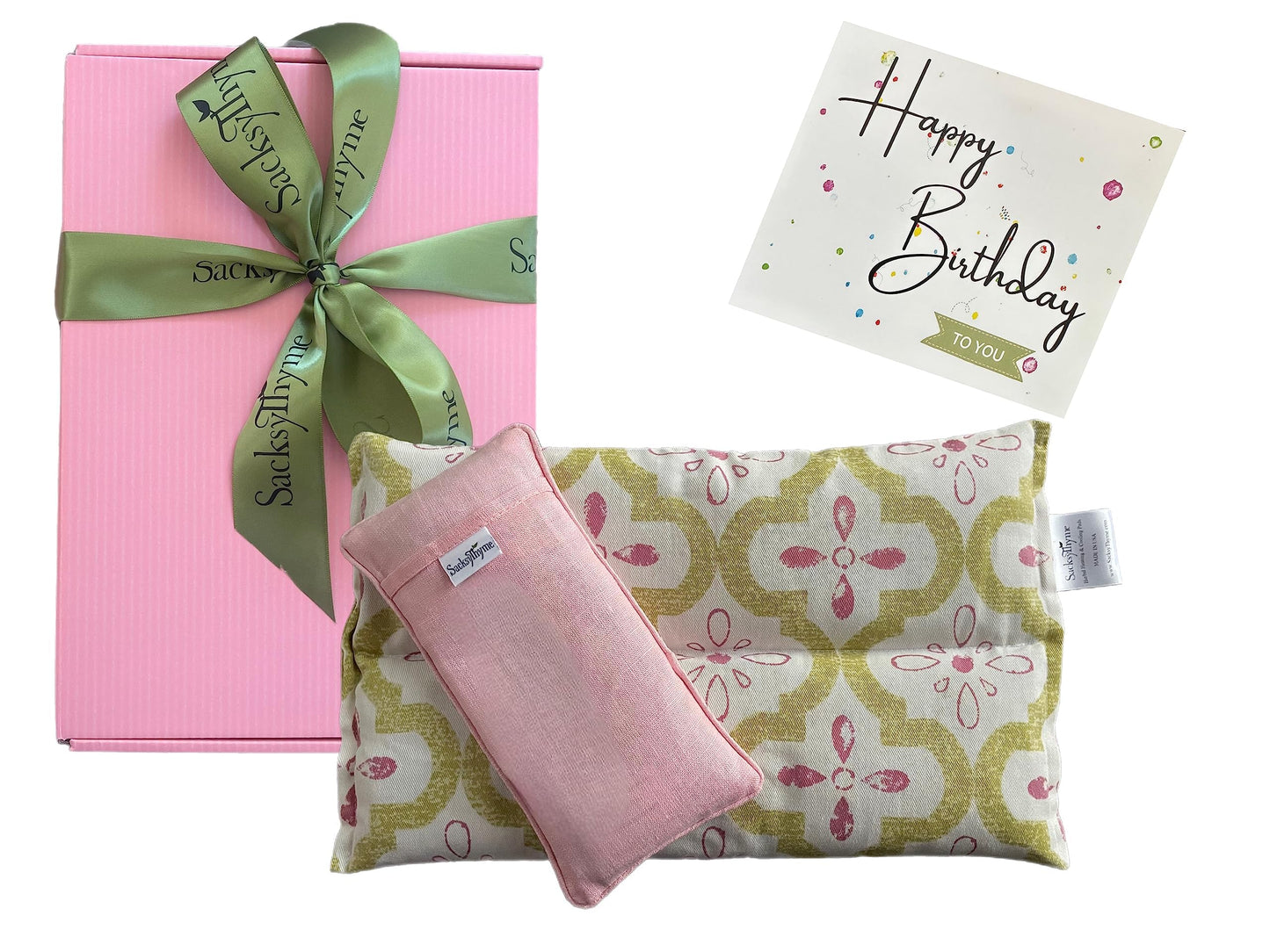 Sacksy Thyme Birthday Gift Set - 2 Piece- Lavender Heating Pad & Linen Eye Pillow - Luxury Happy Birthday Gift Set for Women, Unique Women's Gift Basket, Card for Personalized Message, Heating Pad