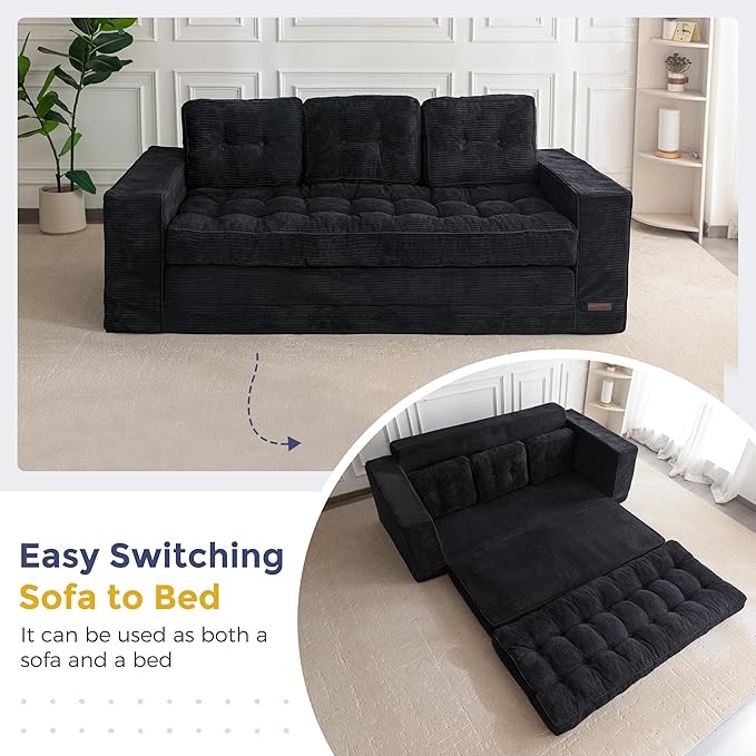 MAXYOYO Convertible Sofa Bed, Pull Out 3 Seater Sleeper Sofa, 2 in 1 Folding Couch Bed, Fold Out Floor Couch with Pillows for Living Room Bedroom Lounge, Black