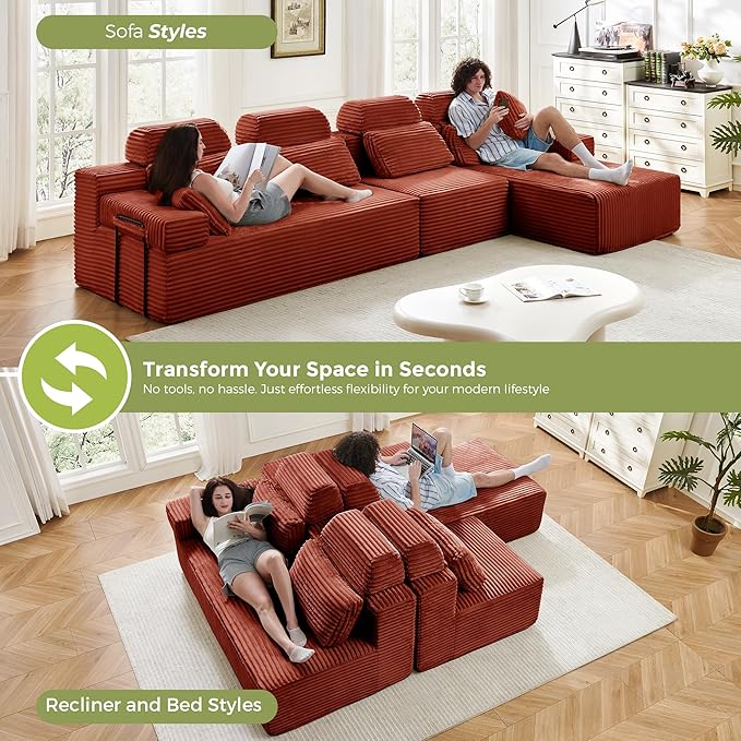 136" L Shaped Cloud Modular Sectional Sofa with Chaise & Headrest, Boneless Deep Seat Plush Corduroy Couches for Large Living Room, No Assembly Required (Orange, 136" L-shapred Chaise)