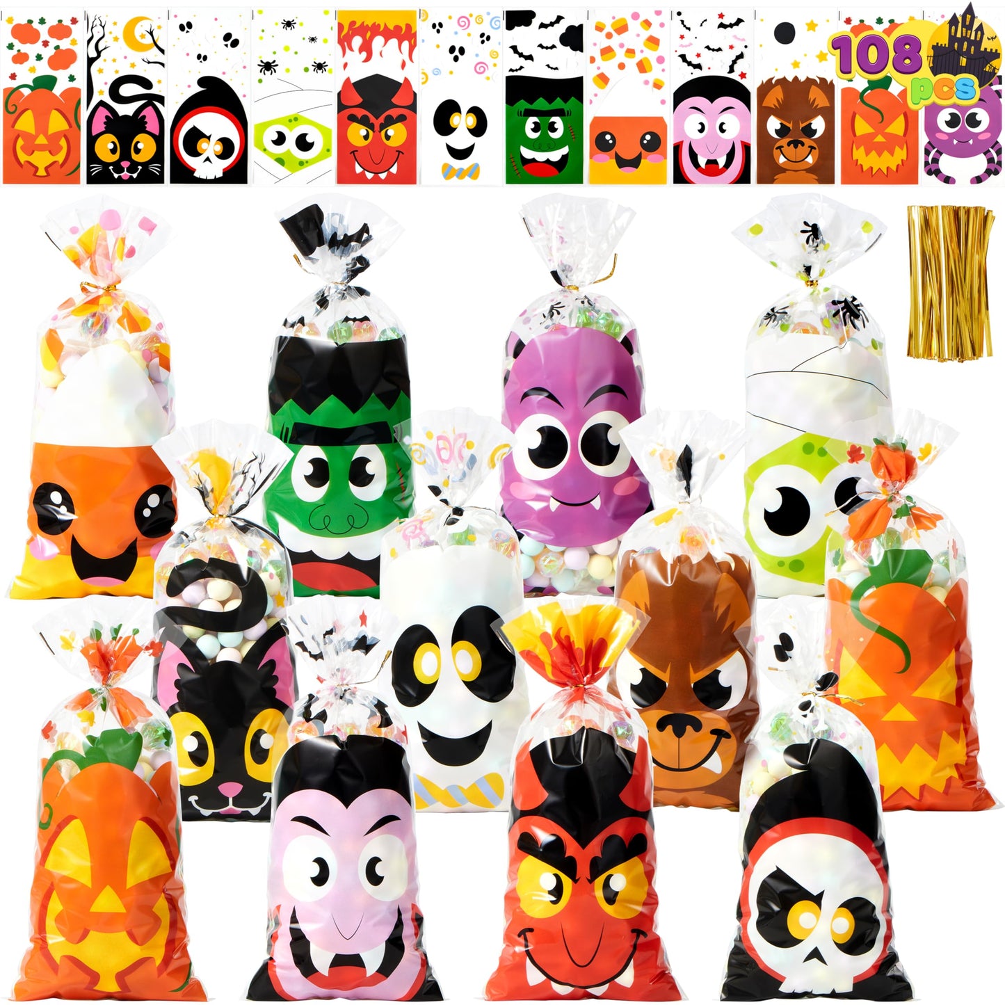 JOYIN 108 Pcs Halloween Cellophane Bags for Sweet Candy Treat, Goodie Gift Bags Bulk with Twist Tie for Kids Trick or Treating, Halloween Day Table Decor and Party Favor Supplies in 12 Designs