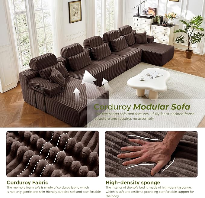 171" U-Shaped Cloud Modular Sectional Sofa with Chaise & Headrest, Boneless Deep Seat Plush Corduroy Couches for Large Living Room, No Assembly Required (Brown, 171" U-shapred Chaise)