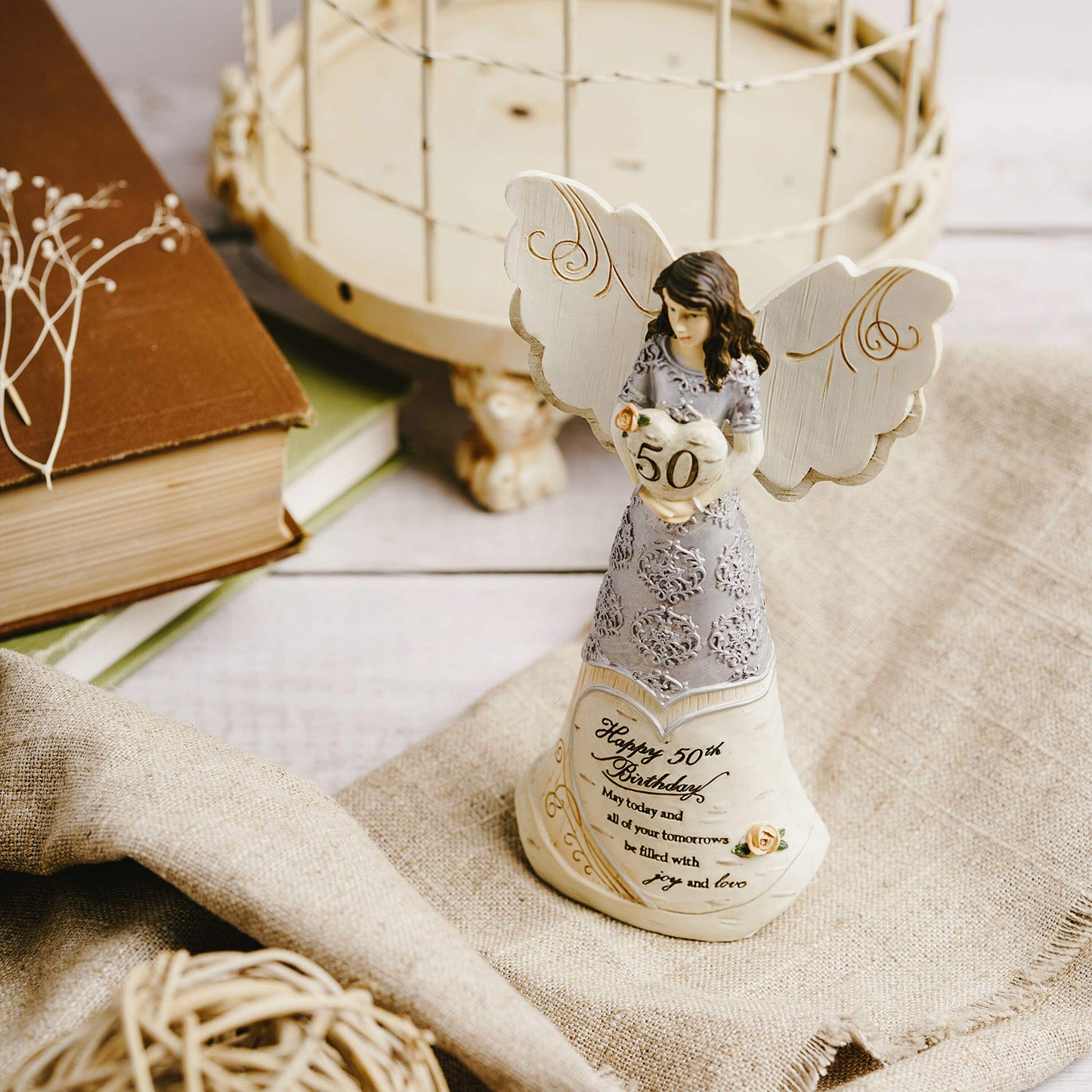 Pavilion - 50th Birthday - 6" Angel Holding 50th Heart,Beige/Silver