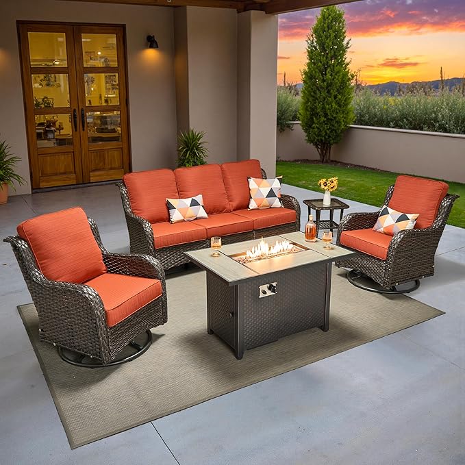 ovios 5 Pieces Patio Furniture Set, Outdoor Wicker Sofa Couch with Swivel Chairs 42" Fire Pit Table, High Back Modern All Weather Conversation Sets, Brown Rattan, Orange Red