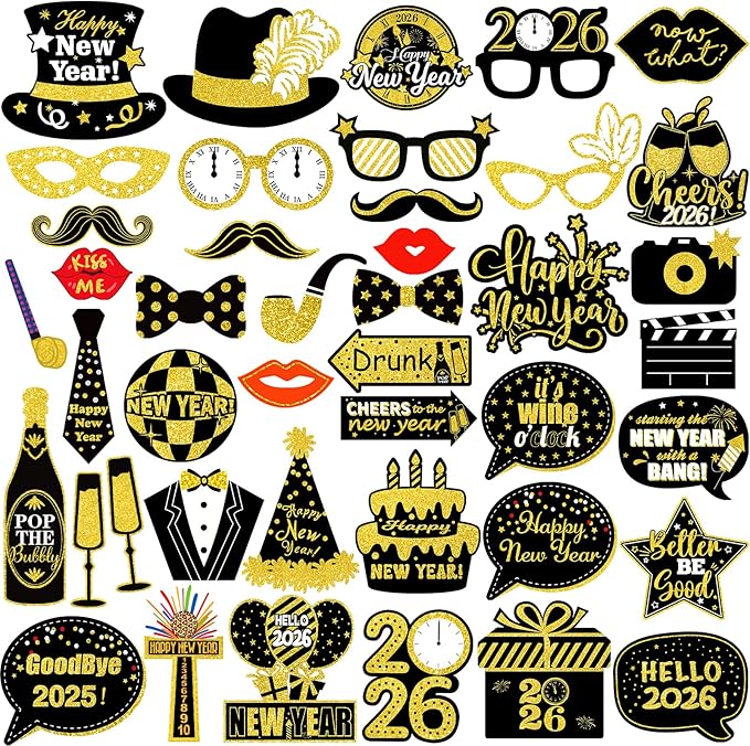 42Pcs New Years Eve Photo Booth Props 2026 New Year Photo Booth Props 2026 Nye for Happy New Year 2026 Party Decorations