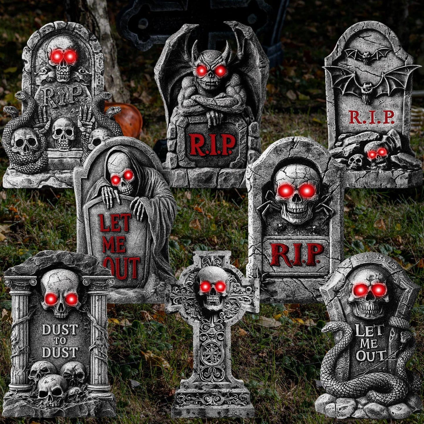 Memorywuu 8 Pcs 16" Halloween Tombstones Outdoor Decorations Gravestone Headstone Yard Signs with Stakes LED Eyes Scary Skeleton RIP Graveyard Cemetery Decor for Halloween Home Party Lawn Garden