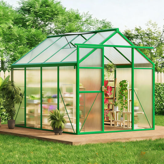 6x8 FT Greenhouse, Easy Assembly Aluminum Polycarbonate Greenhouses for Outdoors with Roof Vent, Large Aluminum Walk-in Greenhouse for Sunroom Patio, Backyard, Garden, Sliding Lockable Door, Green