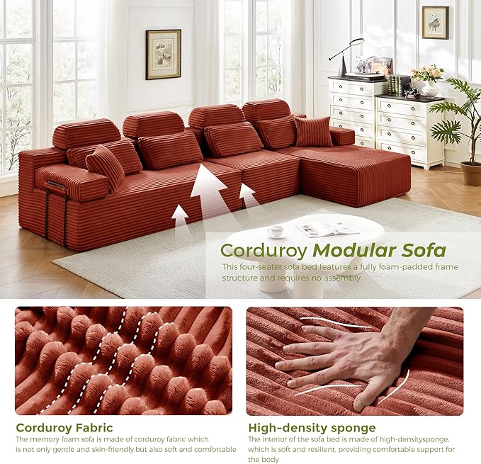 136" L Shaped Cloud Modular Sectional Sofa with Chaise & Headrest, Boneless Deep Seat Plush Corduroy Couches for Large Living Room, No Assembly Required (Orange, 136" L-shapred Chaise)