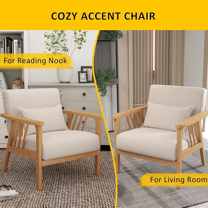 SEYNAR Mid-Century Accent Chair, Linen Fabric Armchair and Lounge Chair with Lumbar Pillow, Wide Seat & Solid Wood Frame for Living Room, Bedroom or Balcony(Beige)
