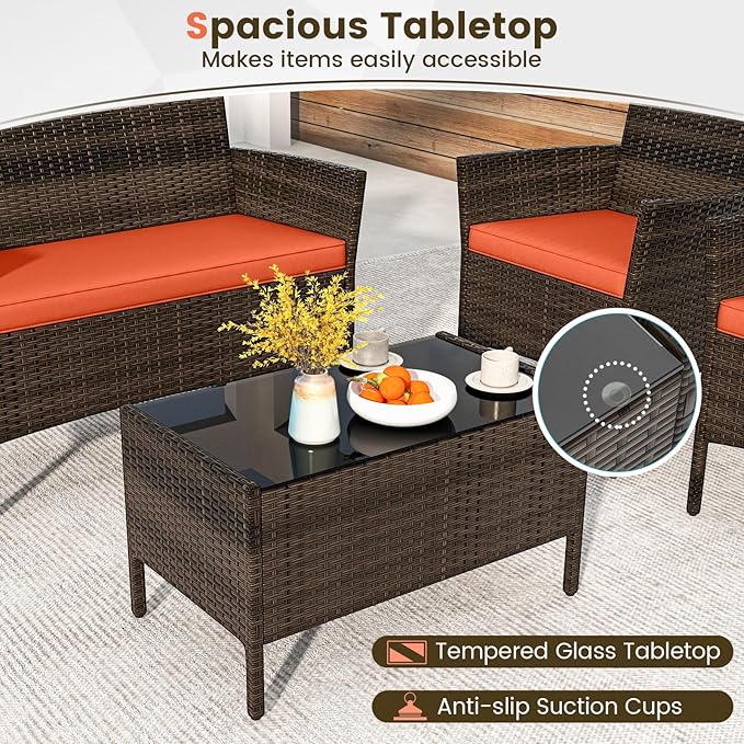 HAPPYGRILL 4 Pieces Outdoor Rattan Conversation Set, Patio Wicker Furniture Set with Loveseat Chairs & Tempered Glass Coffee Table, Outside Sectional Sofa Set for Backyard Garden Poolside, Orange