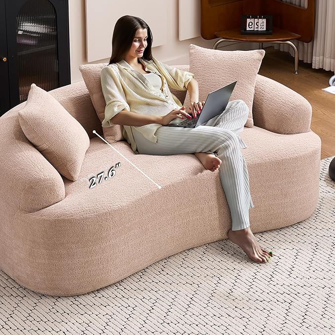 65'' Modern Curved Cloud Loveseat Sectional Sofa for Small Spaces, Luxury Plush Chenille Deep Seat Couch with 3 Pillows, No Assembly Needed Apartment Living Room Furniture, Apricot Cream