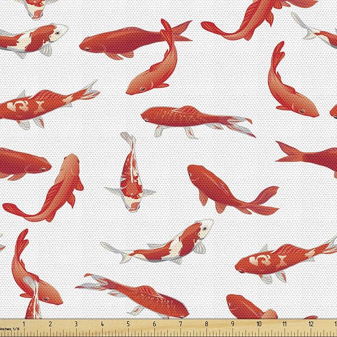 Ambesonne Koi Fish Fabric by The Yard, Eastern Japanese Exotic Koi Fish Common Carp Calm Water Garden Graphic Design, Deco...
