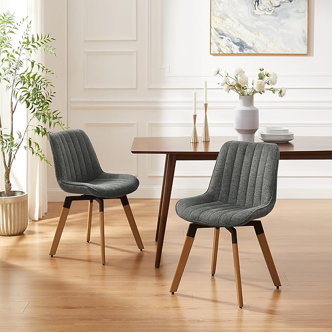 Art Leon Dining Chairs Set of 4, Mid Century Modern Swivel Dining Room Chairs, Fabric Upholstered Armless Side Chairs with Wood Legs for Kitchen Living Room Bedroom, Dark Gray