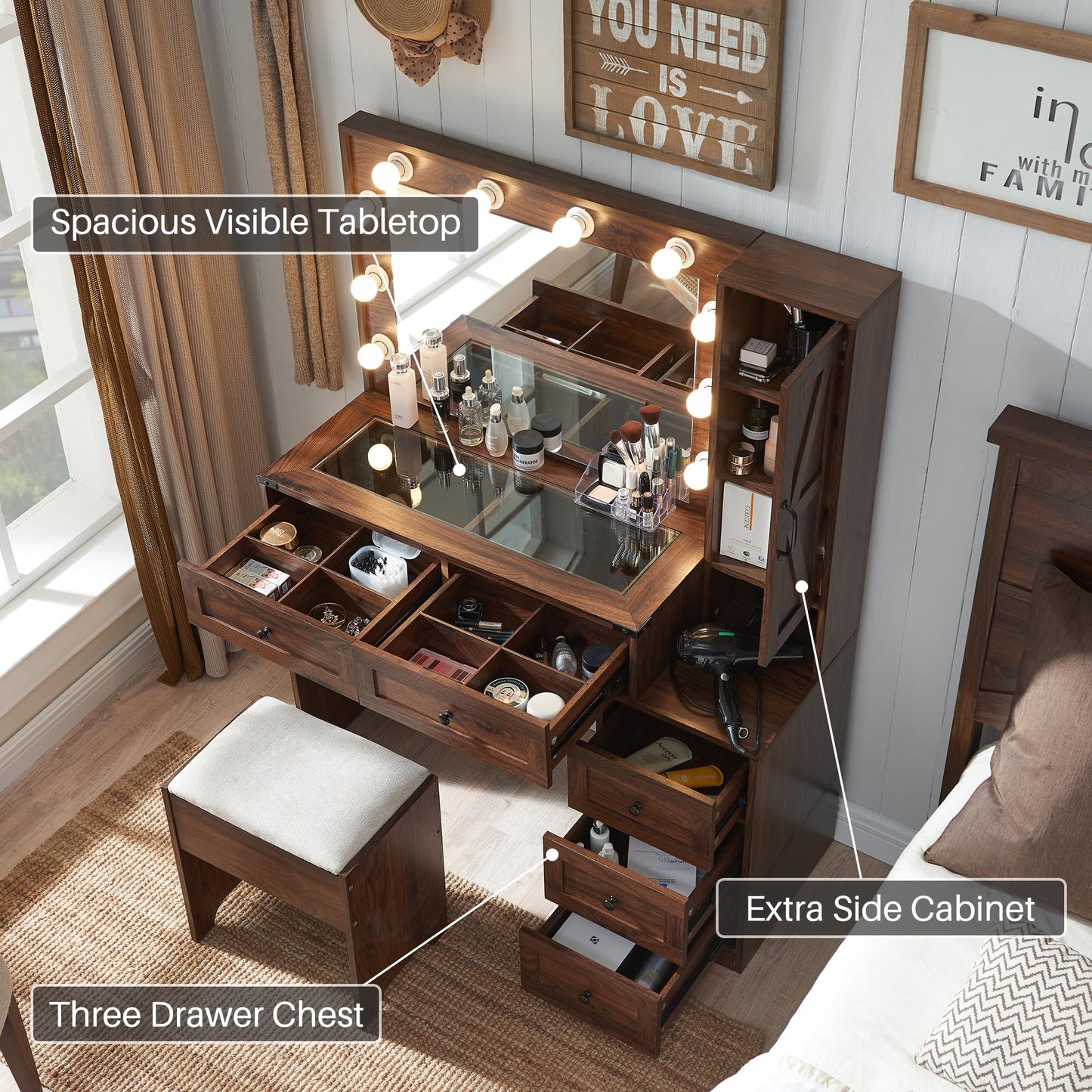 JXQTLINGMU Farmhouse Vanity Makeup Desk with Charging Station, 43" W Vanity Desk with Lights Mirror and Drawers for Makeup, Big Modern Makeup Table Set with Stool for Bedroom, Brown