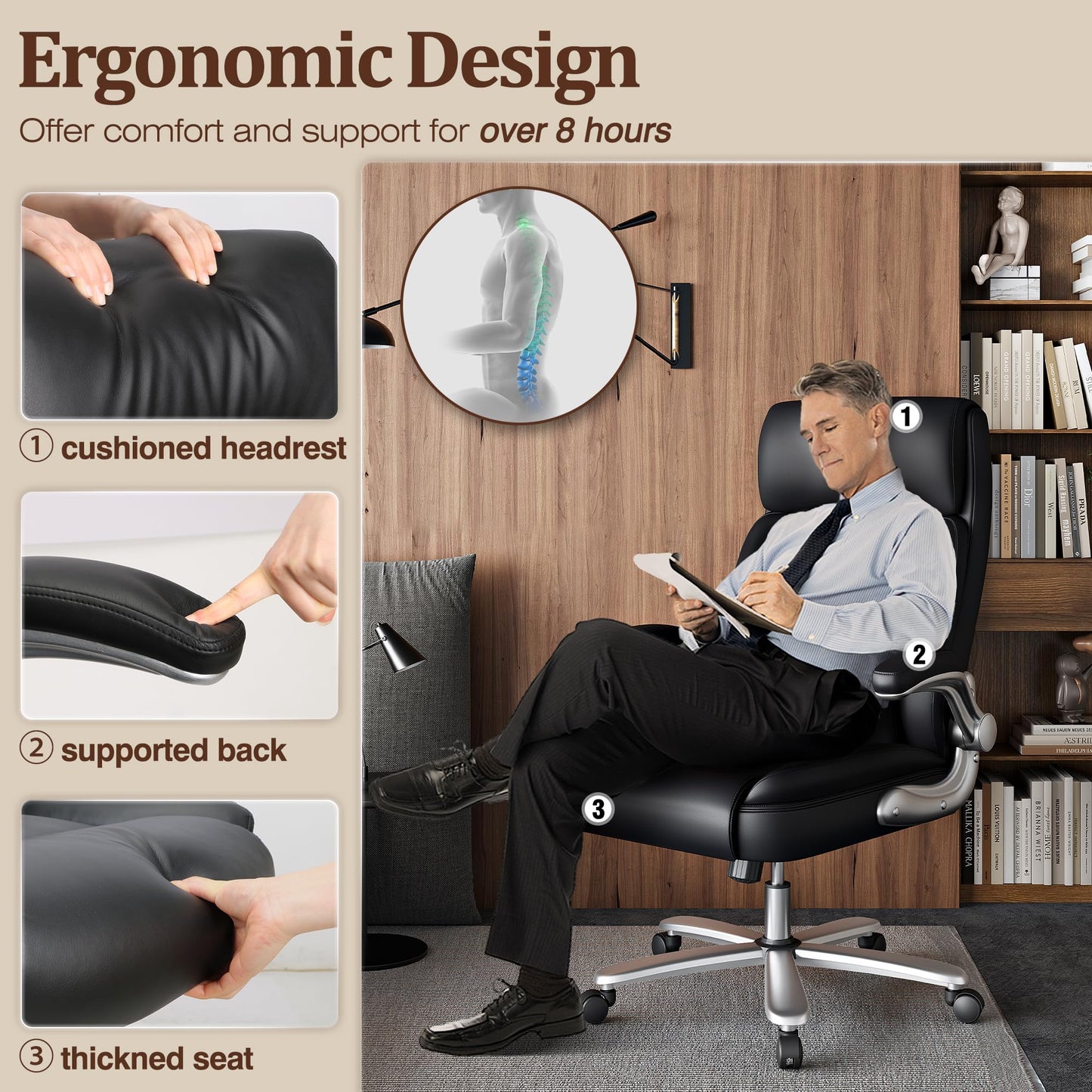 NexHut Executive Office Chair, Ergonomic Desk Chair, 500lbs Heavy Duty Comfy Computer Chair with Adjustable Lumbar Support, Flip-up Arms, Wide Thick Seat, High Back Office Chair for Back Pain