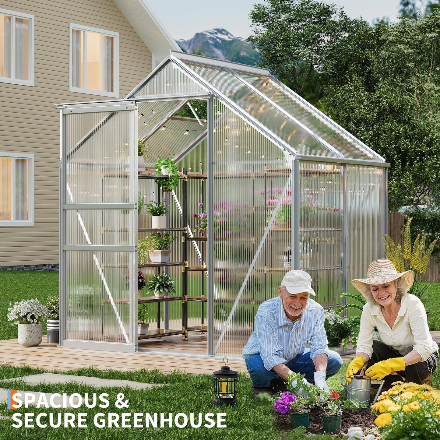 GarveeHome 6x4FT Greenhouse, Small Walk-in Polycarbonate Greenhouse with Adjustable Vent Window, Sliding Door, Portable Green House Kit for Outdoors, Winter