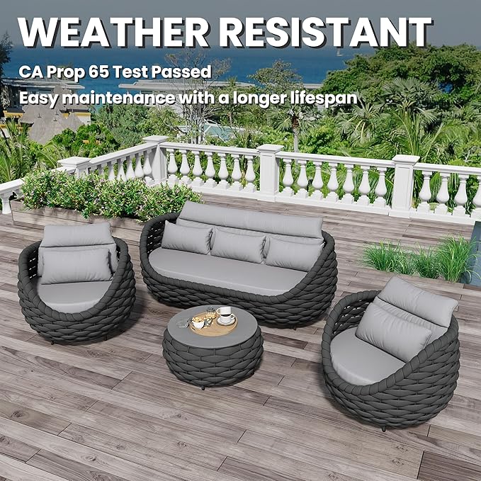Erotr Woven Rope Patio Furniture Set: 4 Pieces Aluminum Outdoor Conversation Sofa Set Assembled - Modern Deck Couch Set Cushioned - All Weather Metal Porch Seating for 5 Person Garden Pool Yard Hotel