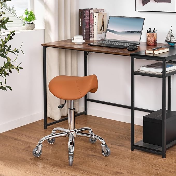 BEWISHOME Rolling Saddle Stool,Height Adjustable Saddle Stool with Wheels,Ergonomic- Comfortable 360 Swivel PU Leather Saddle Chair Seat for Salon, Massage, Clinic, Lab, Office (Camel) BMD01Z