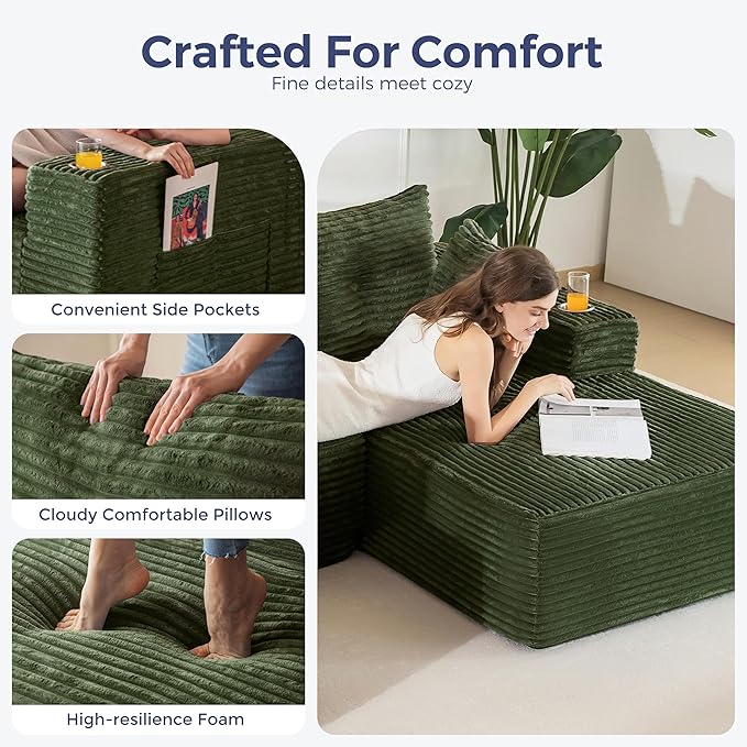 MAXYOYO 132" Giant U-Shaped Modular Sectional Couch, Modern Boneless Couch for Living Room, Sofa in A Box, Oversized Sofa Sleeper with Deep Seat, No Assembly Required, Green