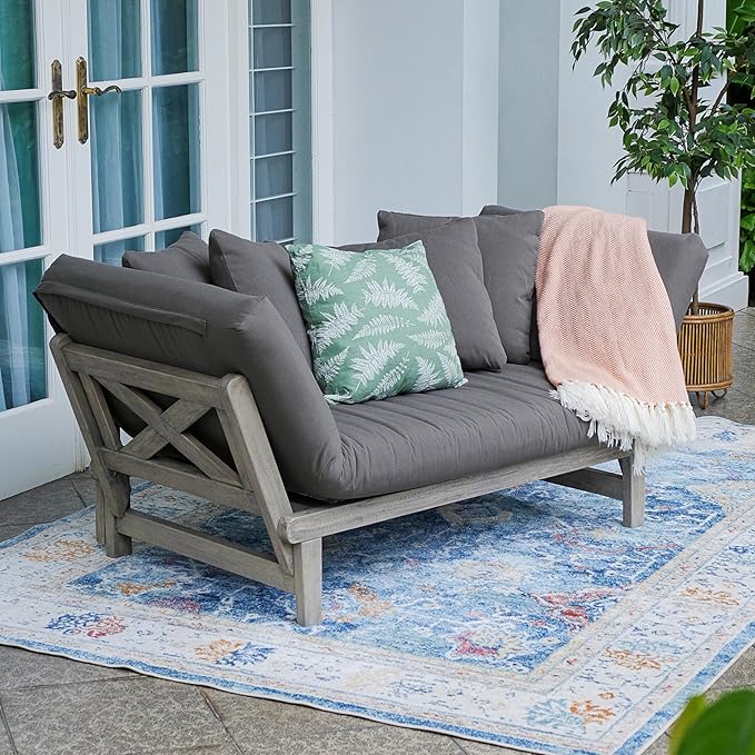 Cambridge Casual West Lake Mahogany Outdoor Convertible Sofa Daybed, Weathered Gray/Gray Cushion