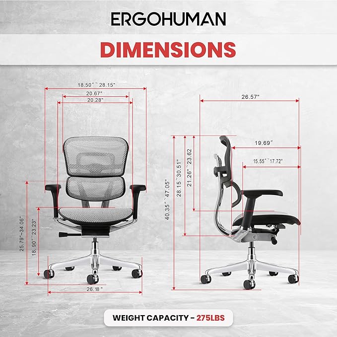 Ergohuman Eurotech ME8ERG GEN2 High Back Mesh Office Chair with Tilt Tension Control, Tilt Lock, Back Angle, Back Height, Synchro Tilt, Seat Height, Seat Depth, and Arm Height Adjustments, Grey
