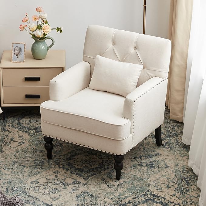 HUIMO Tufted Club Chair,Accent Chair with Lumbar Pillow, Upholstered Button Armchair, Linen Fabric Sofa Chairs for Bedroom, Living Room, Mid Century Modern with Studded Reading Chair Beige