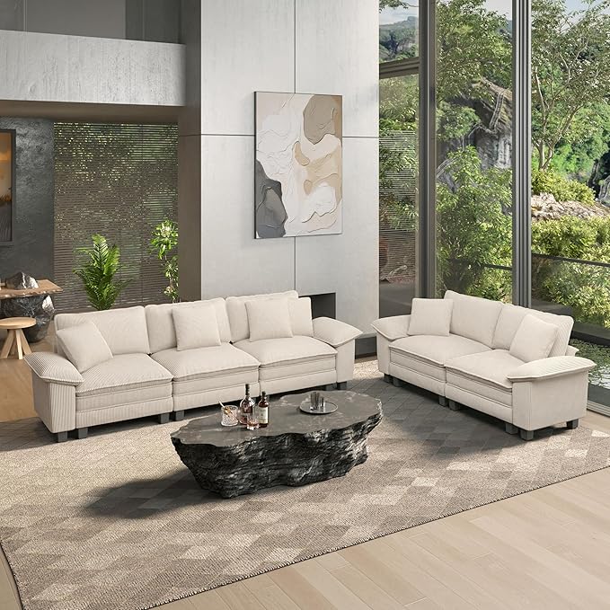 HERA'S HOUSE 2 Pieces Modular Sectional Sofa Sets, Oversized Couch Set with Loveseats, Comfy Cloud Couches with Throw Pillows, 5-Seater Deep Seat Sofa for Living Room, Corduroy Beige