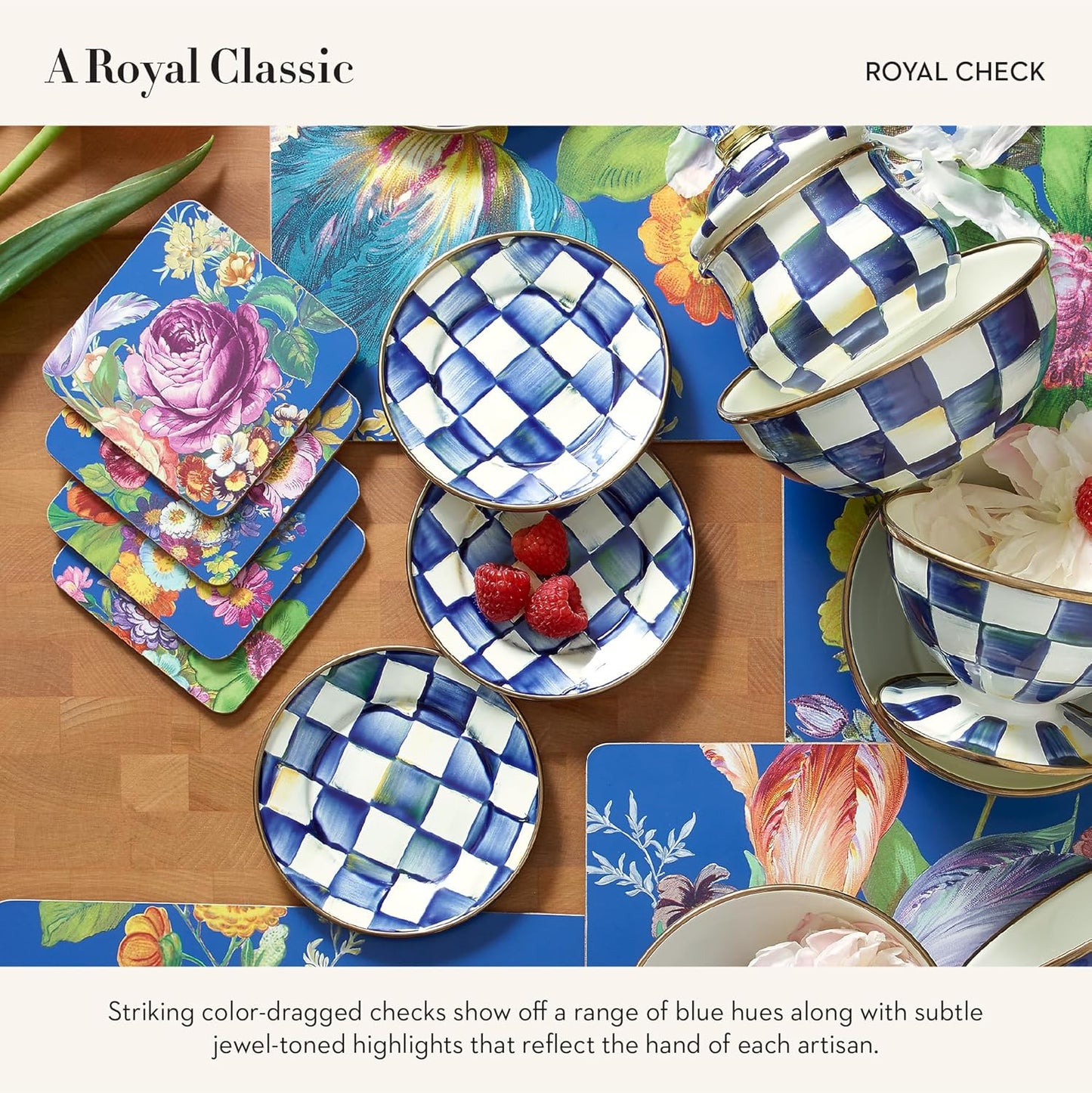 MACKENZIE-CHILDS Set of 4 Enamel Appetizer Plates, Mini Dessert Plates, 5 Inches, Blue-and-White Royal Check