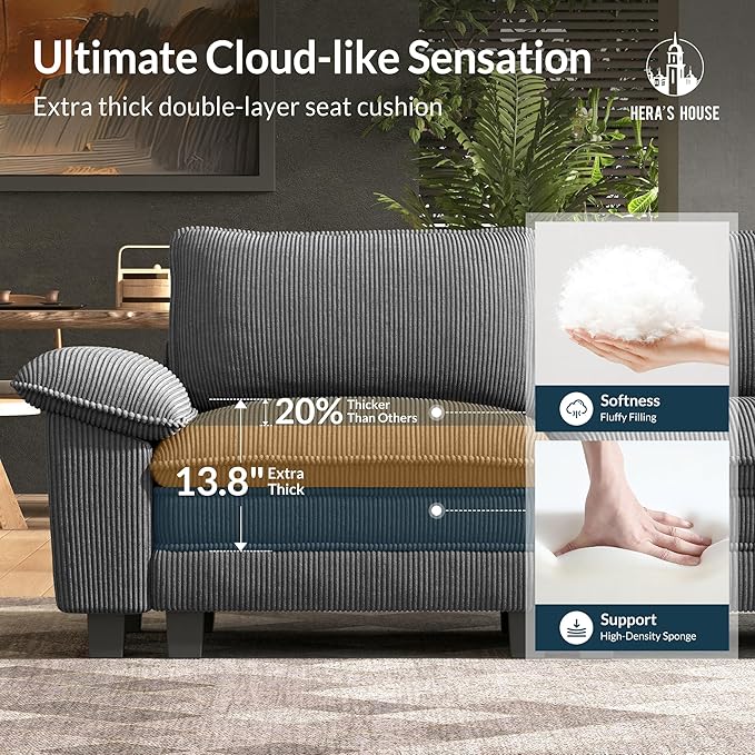HERA'S HOUSE 124" Modular Sectional Sofa, Oversized Couches for Living Room, Comfy Cloud Couch 3-Seater Deep Seat Sofa with Throw Pillow, Corduroy Grey