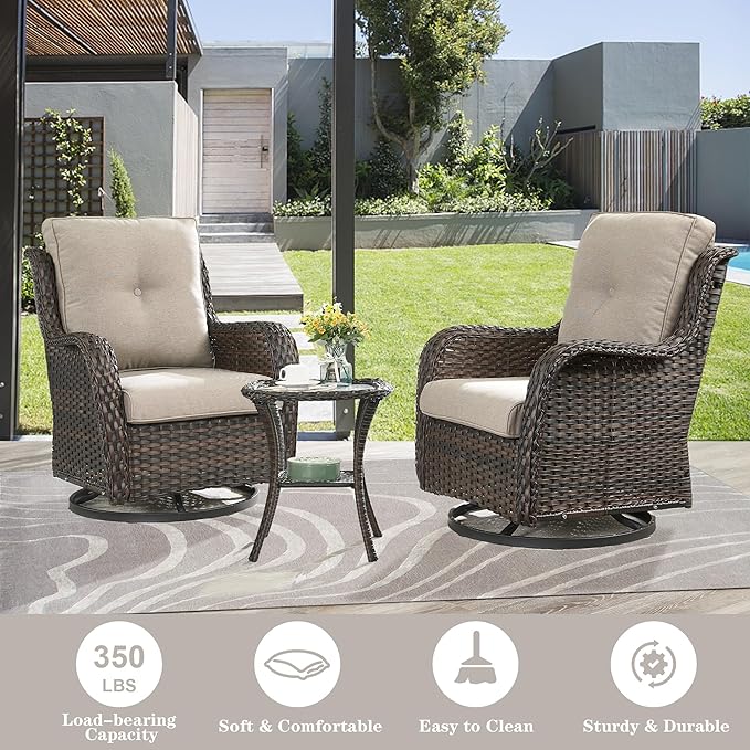 Belord Patio Furniture Set Swivel Rcoker - 3 Pieces Outdoor Glider Rocking Chairs with Small Side Table, Wicker Chair Sets for Porch, Balcony and Garden