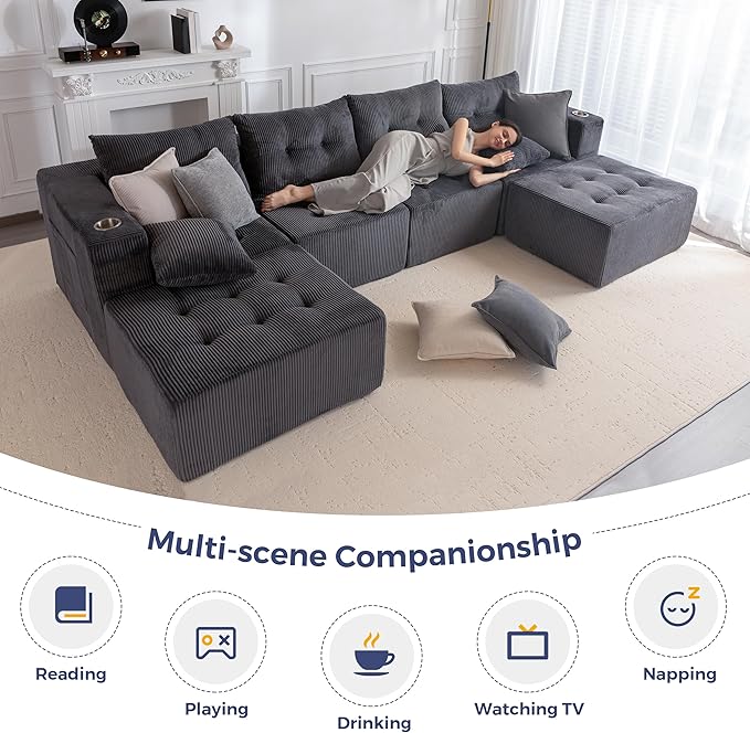 MAXYOYO 129.5" Modular Sectional Sofa Couch, U Shaped Modern Cloud Couch with 2 Ottomans, Sofa in A Box, Tufted 6-Seat Boneless Sleeper Chair for Living Room, No Assembly Required, Grey