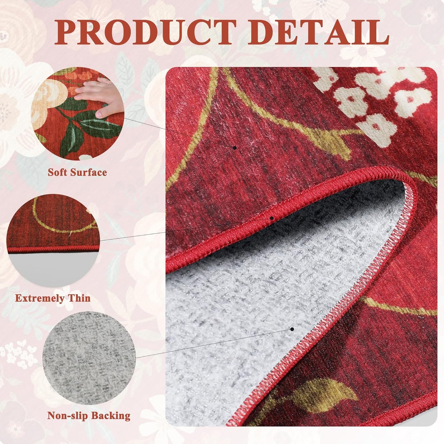 DUKINO 2x3 Rugs for Entryway, Floral Indoor Washable Door Mat, Non Slip Boho Small Rug for Kitchen, Soft Low Pile Front Door Throw Rug for Entrance, Bedroom, Kitchen, Laundry, Bathroom, Red