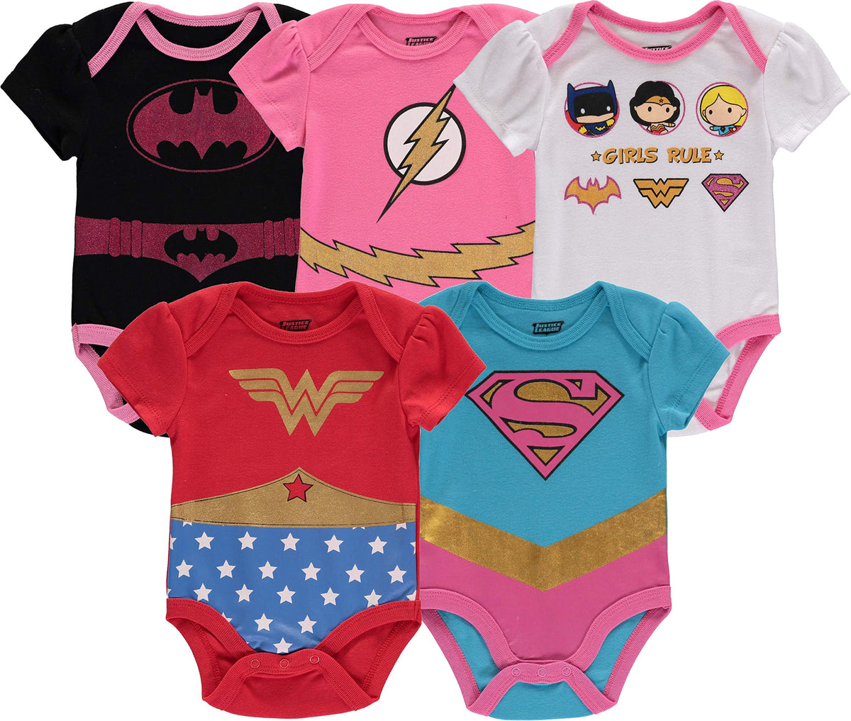 DC Comics Justice League Baby Girls Bodysuit 5-Pack - Baby Girl Clothes (Multi, 12M)