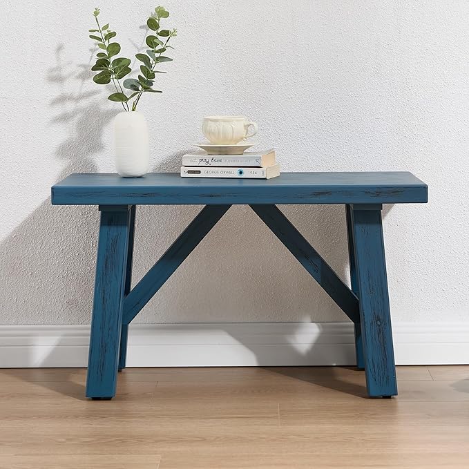 Janoray 30" Entryway Bench Farmhouse Narrow Dining Bench Shoe Rack Small Wooden Benches Holds up to 300lbs for Hallway Living Room Dining Room Bedroom，1 Tier, Blue