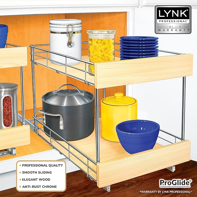 LYNK PROFESSIONAL® SELECT™ Pull Out Cabinet Organizer - 14" x 21" - Slide Out Drawer for Kitchen Cabinets - Sliding Pantry Shelves - Roll Out Shelf for Pots, Pans, Lifetime Ltd Warranty - 2 Tier
